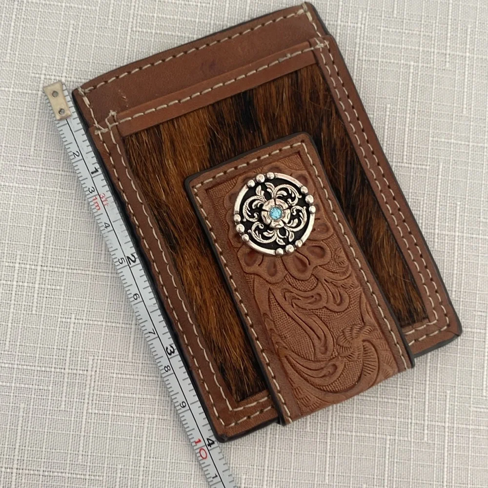 Western Genuine Leather & Cow Hair Money Clip Wallet - New